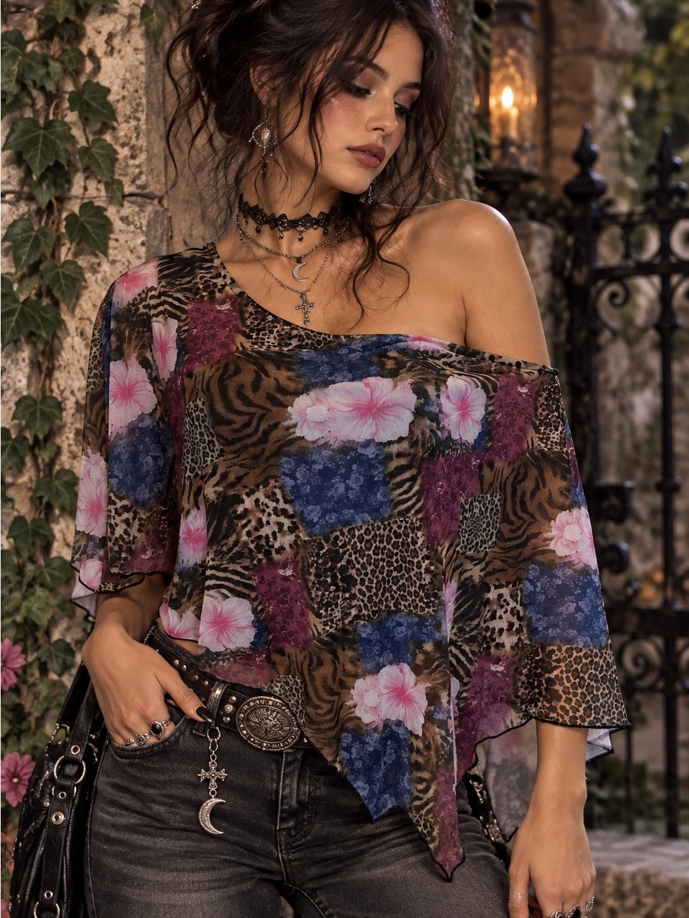 Electric Behavior Juniors XS Floral Animal Print Mesh Asymmetrical Top Y2K Goth